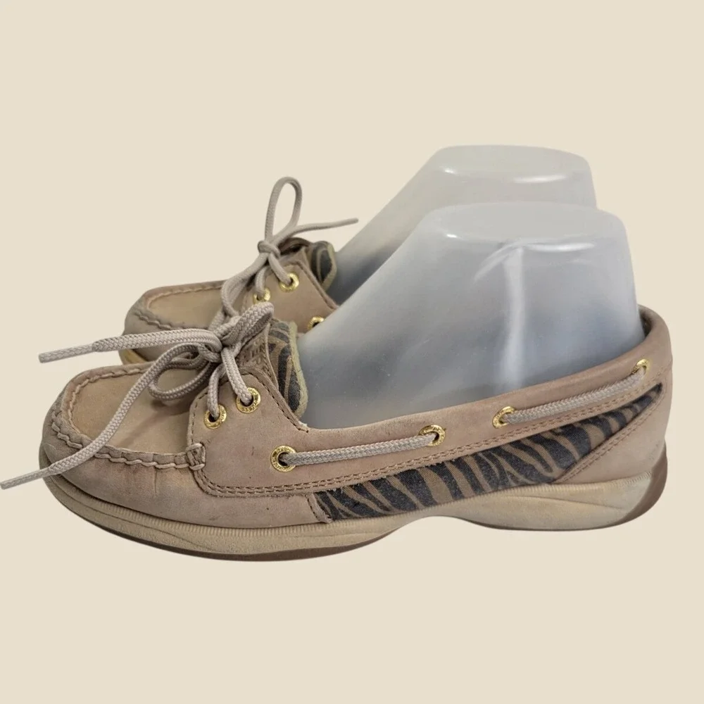 Sperry Top-Sider Boat Shoes Zebra Print Leather Nautical Preppy Tan Brown 6.5 M